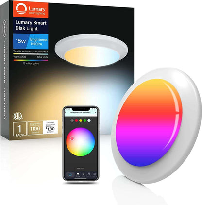 مصباح سقف LED ذكي من Lumary مزود بقرص Wi-Fi بقوة 15 واط ومقاس 5/6 بوصة، طراز A
