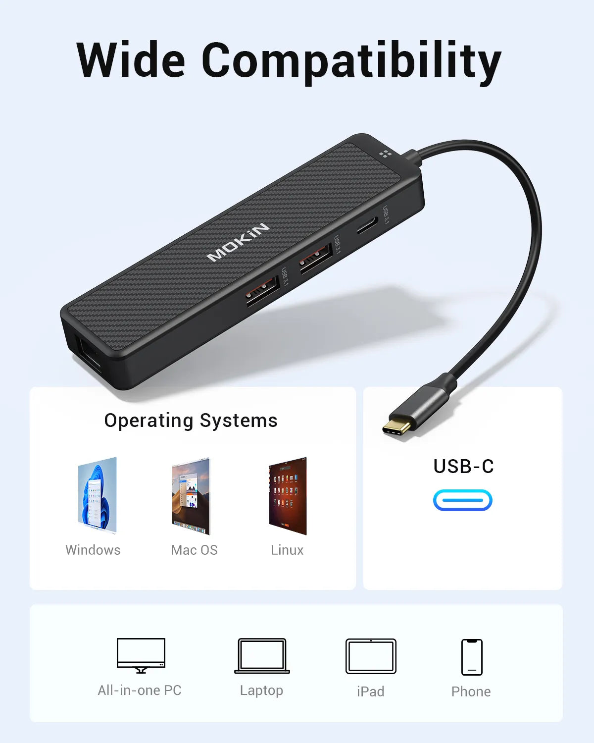 MOKiN 4 IN 1 10Gbps USB-C to Ethernet Adapter for Laptop