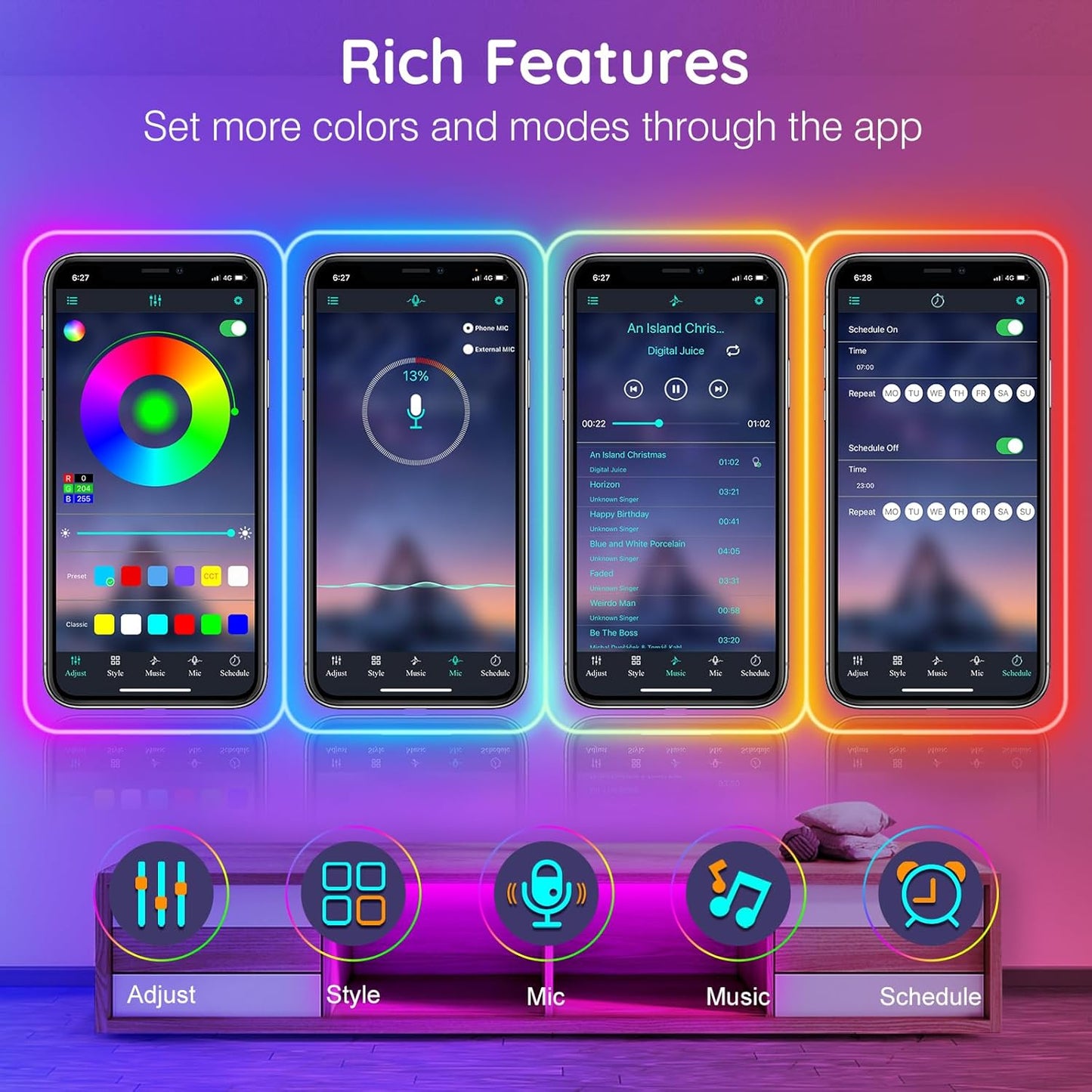 BKC Flexible Led Neon Rope Lights Waterproof Music Sync