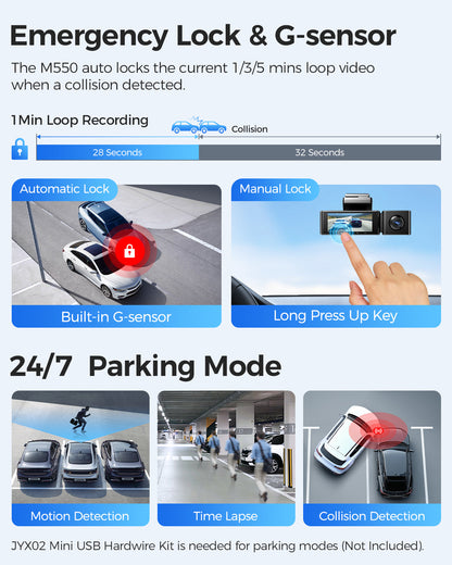AZDOME M550 3CH Dash Cam 4K with 3.19" Screen IR Night Vision 24H Parking Mode