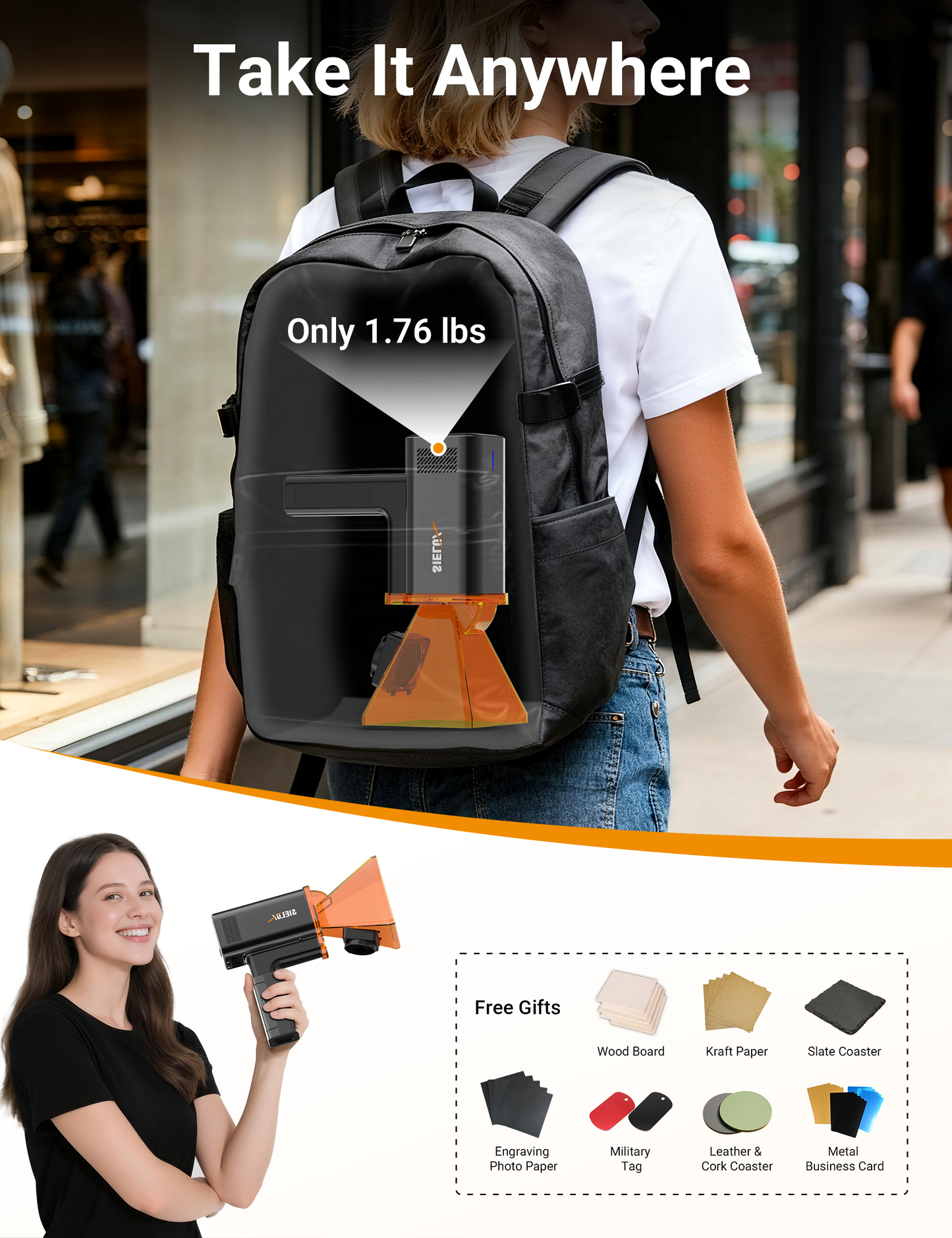 SL2 10W Diode Laser Engraver Machine, Only 1.76 lbs, 4000mm/s Lightning Speed, Ultra HD Handheld Portable Laser Engraving Machine for Wood, Leather, Acrylic, Glass, Coated Metal(with Roller)