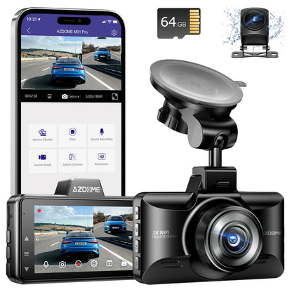 AZDOME Upgraded M01 3K WiFi Dash Cam Front and Rear, 3" Screen Dual Dash Camera for Car Built-in ADAS G-Sensor, 24H Parking Mode Car Camera