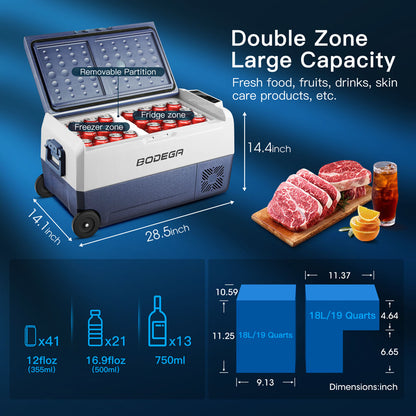 BODEGAcooler 38qt/36L Dual Zone 12V Portable Car Fridge T36