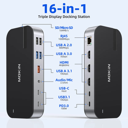 MOKiN 16-in-1 Laptop Docking Station with Triple Monitor Support