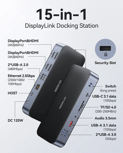 MOKiN 15-in-1 DisplayLink Dual Monitor Docking Station