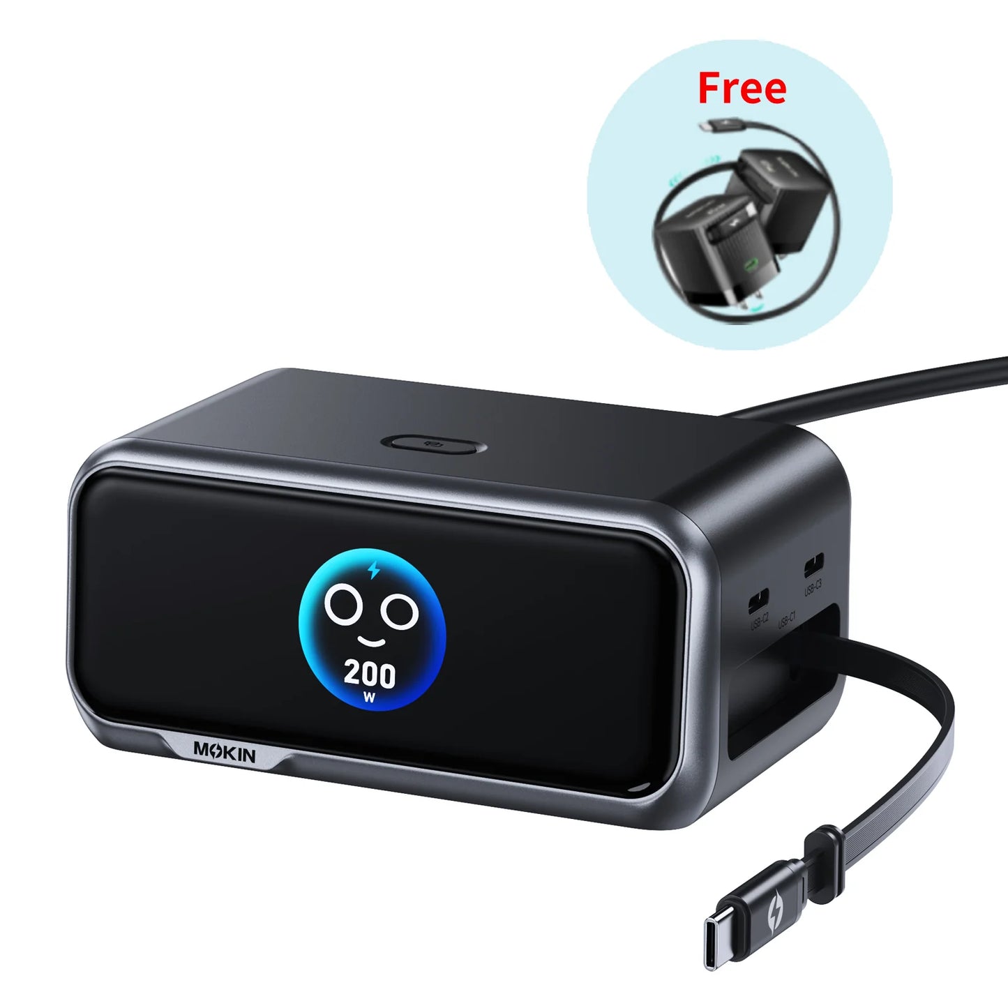 MOKiN 6-Port Charging Station with Retractable Cable – Free 65W Retractable Cable Charger Included