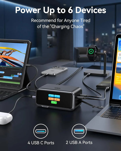 MOKiN 6-Port Charging Station with Retractable Cable – Free 65W Retractable Cable Charger Included