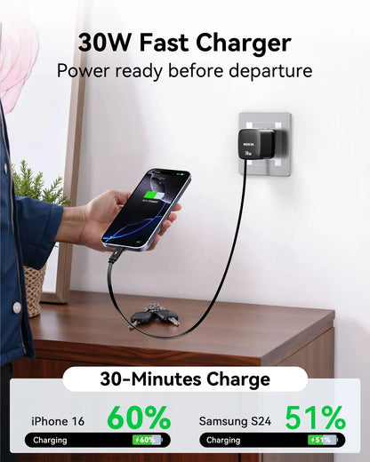 MOKiN 30W Foldable GaN Charger with Built-in Retractable Type-C Cable