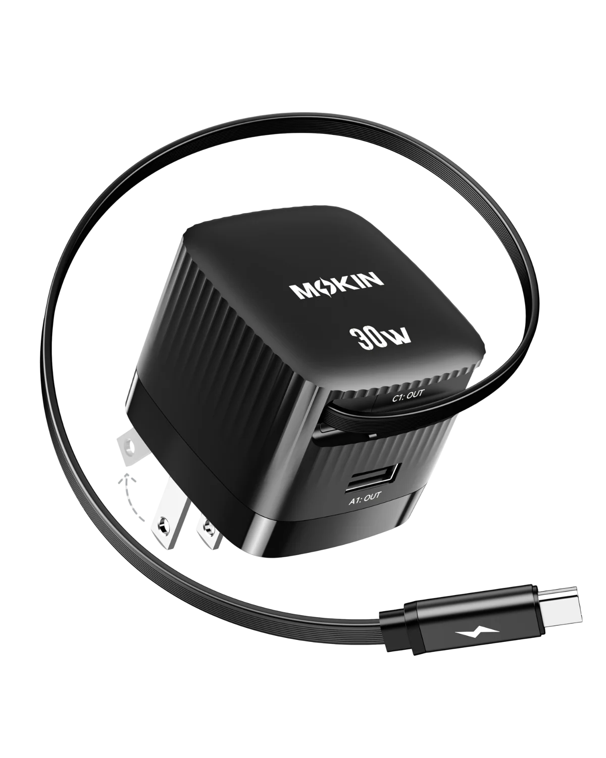 MOKiN 30W Foldable GaN Charger with Built-in Retractable Type-C Cable
