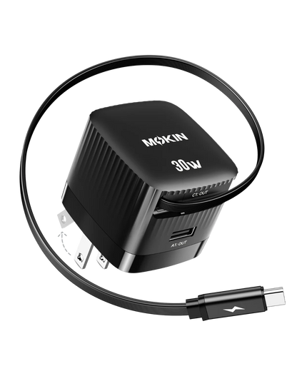 MOKiN 30W Foldable GaN Charger with Built-in Retractable Type-C Cable