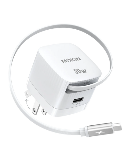 MOKiN 30W Foldable GaN Charger with Built-in Retractable Type-C Cable