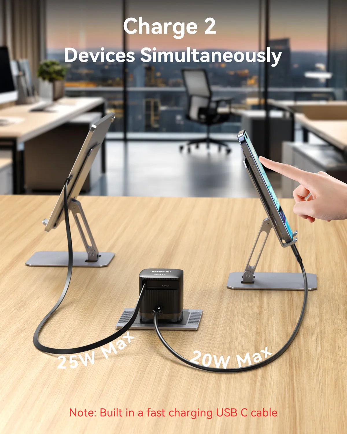 MOKiN 45W Dual Port Foldable GaN Charger with Built-in Retractable Type-C Cable for iPhone