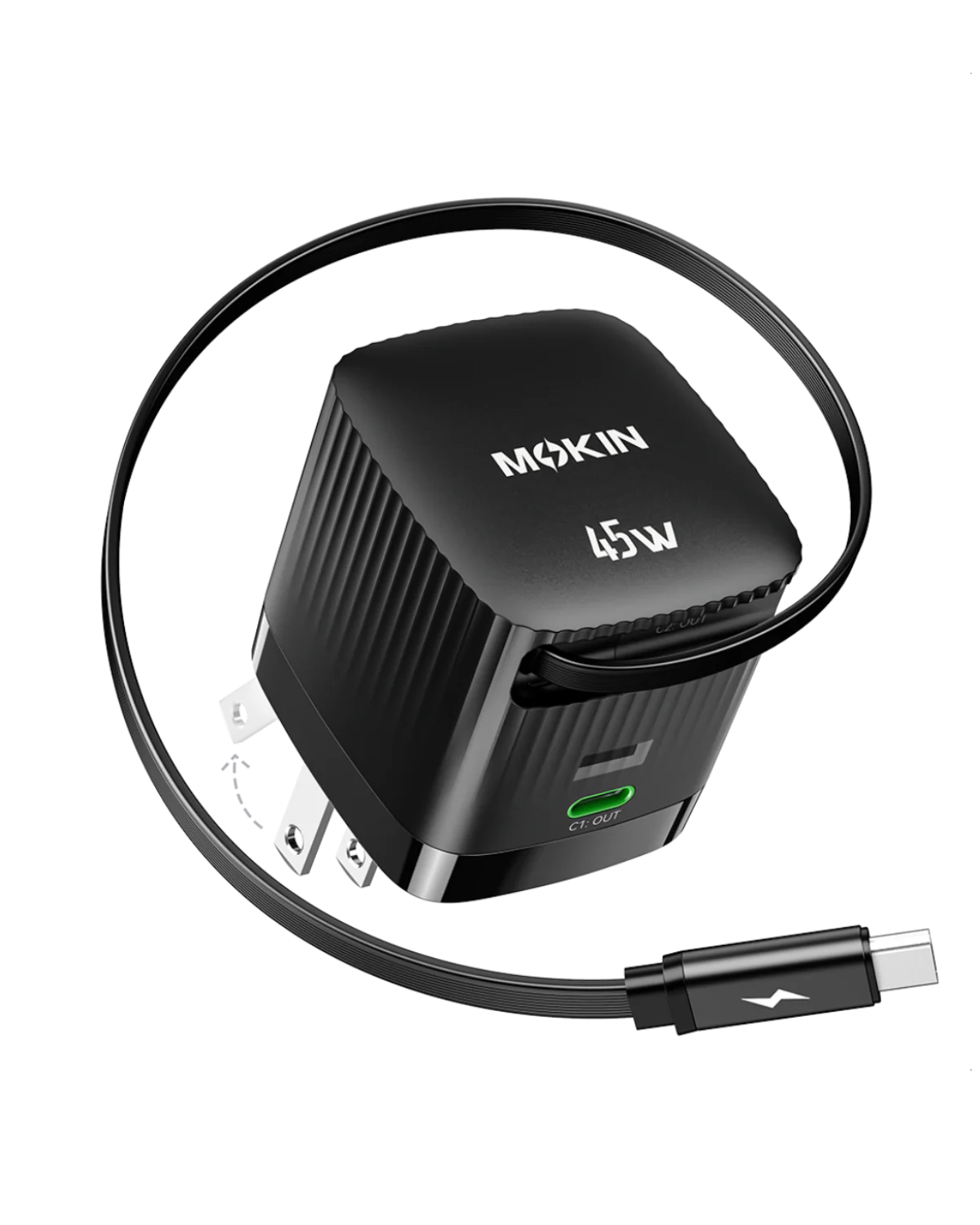 MOKiN 45W Dual Port Foldable GaN Charger with Built-in Retractable Type-C Cable for iPhone