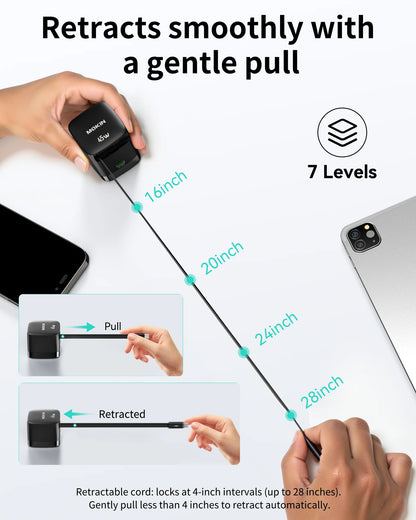 MOKiN 45W Dual Port Foldable GaN Charger with Built-in Retractable Type-C Cable for iPhone