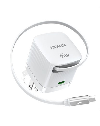 MOKiN 45W Dual Port Foldable GaN Charger with Built-in Retractable Type-C Cable for iPhone