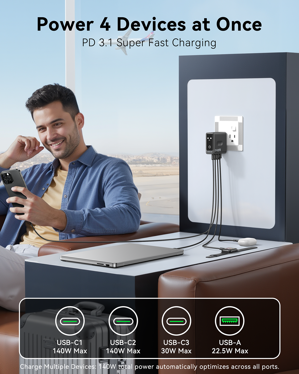 MOKiN 140W Laptop Charger with Smart Display (4-Port, PD 3.1)