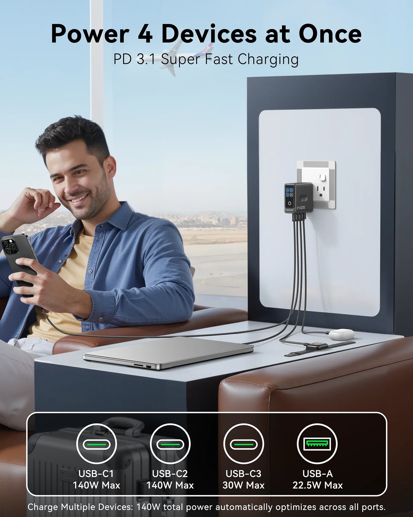 MOKiN 140W 4-Port GaN Charger with Smart Touch Display for Cleaner Multi-Device Setup