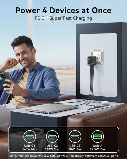 MOKiN 140W 4-Port GaN Charger with Smart Touch Display for Cleaner Multi-Device Setup