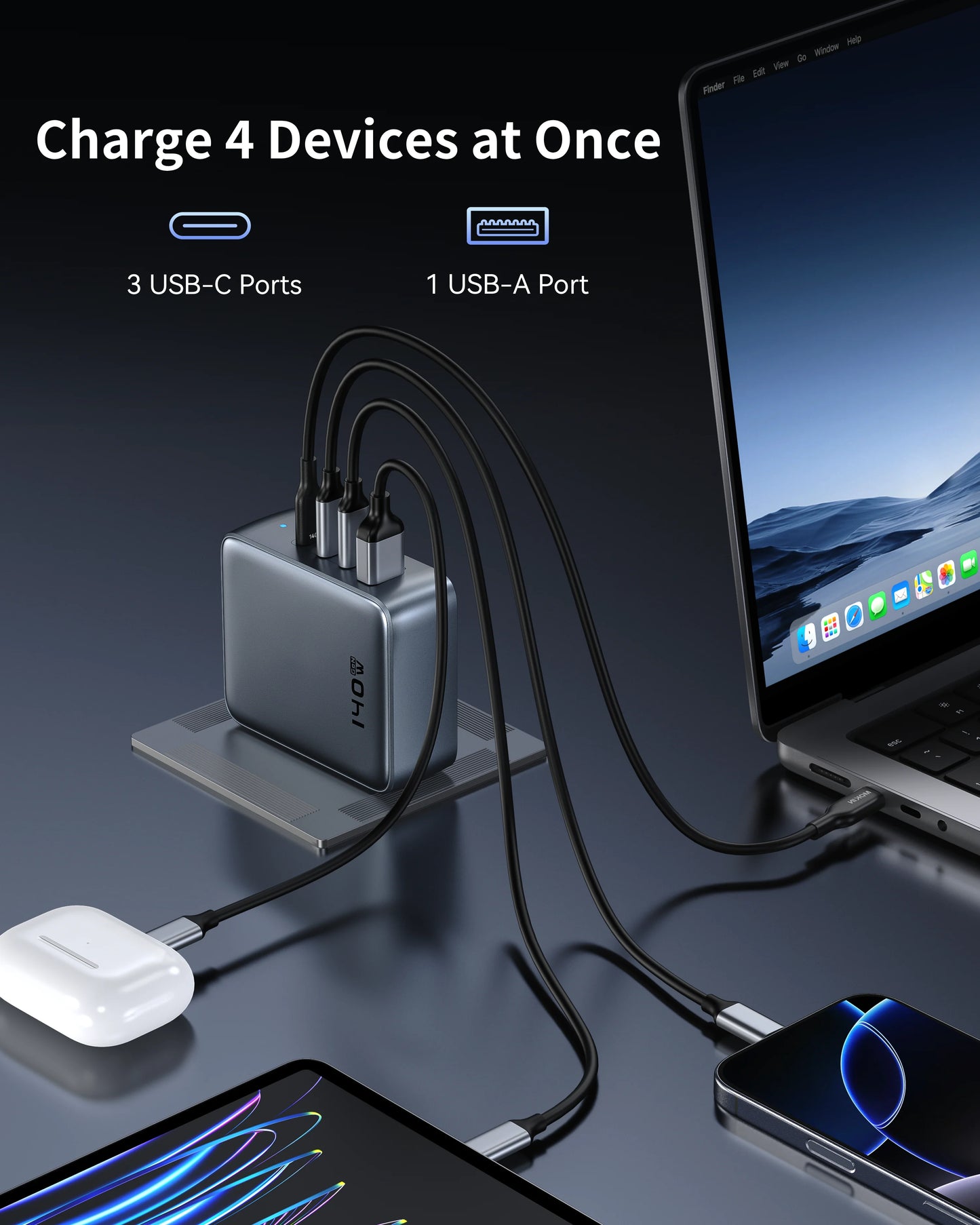 MOKiN 140W 4-Port GaN Charger Compact Design for Home Office and Travel