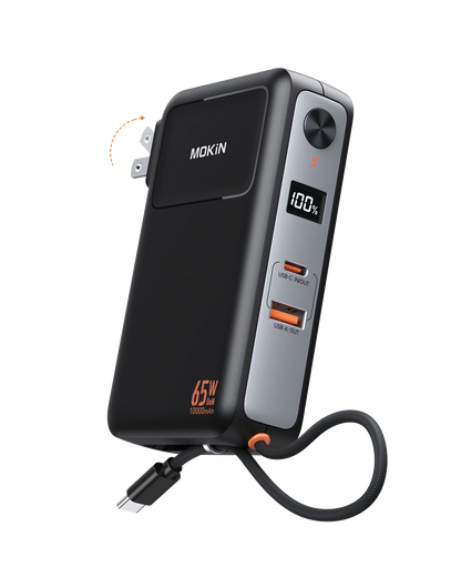 MOKiN Portable Charger with 10000mAh Power Bank (Built-in USB-C Cable) and 65W  Wall Charger