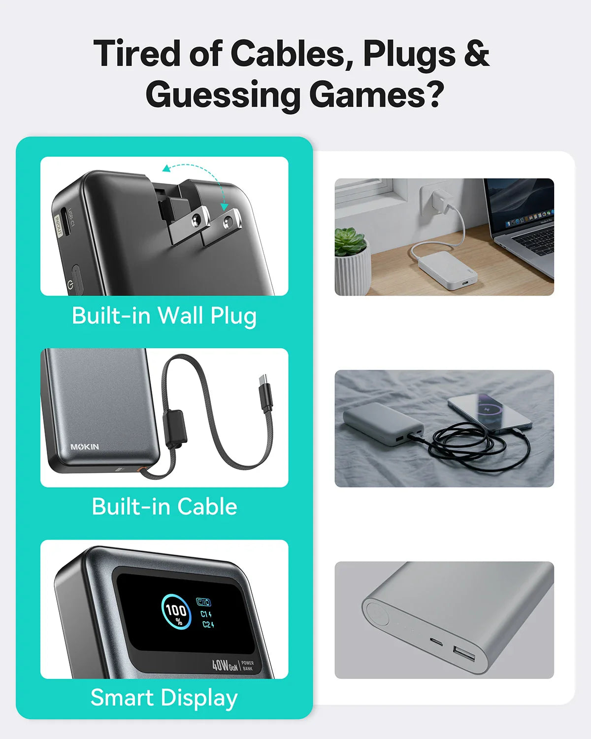 MOKiN 3-in-1 Portable Power Bank 40W 10000mAh with Built-In Cable and Plug for Easy Charging Anywhere