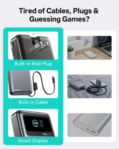 MOKiN 3-in-1 Portable Power Bank 40W 10000mAh with Built-In Cable and Plug for Easy Charging Anywhere