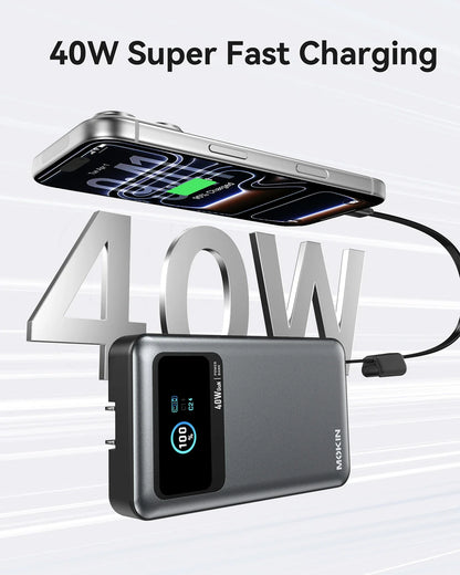MOKiN 3-in-1 Portable Power Bank 40W 10000mAh with Built-In Cable and Plug for Easy Charging Anywhere
