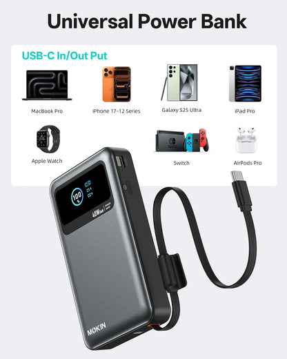 MOKiN 3-in-1 Portable Power Bank 40W 10000mAh with Built-In Cable and Plug for Easy Charging Anywhere