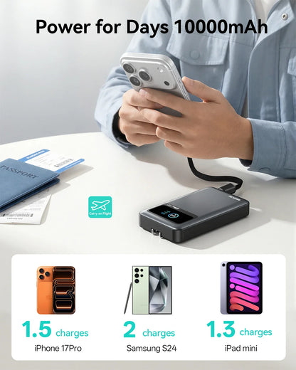 MOKiN 3-in-1 Portable Power Bank 40W 10000mAh with Built-In Cable and Plug for Easy Charging Anywhere