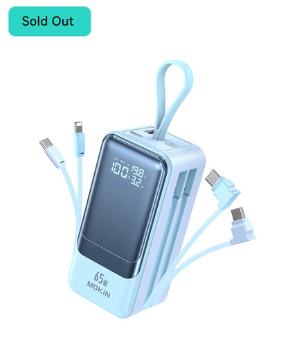 MOKiN Fast Charging Power Bank with USB-C & iOS Cables | 18400mAh 65W