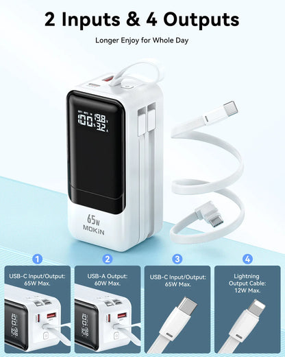 MOKiN Fast Charging Power Bank with USB-C & iOS Cables | 18400mAh 65W