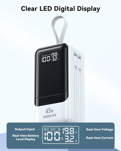 MOKiN Fast Charging Power Bank with USB-C & iOS Cables | 18400mAh 65W