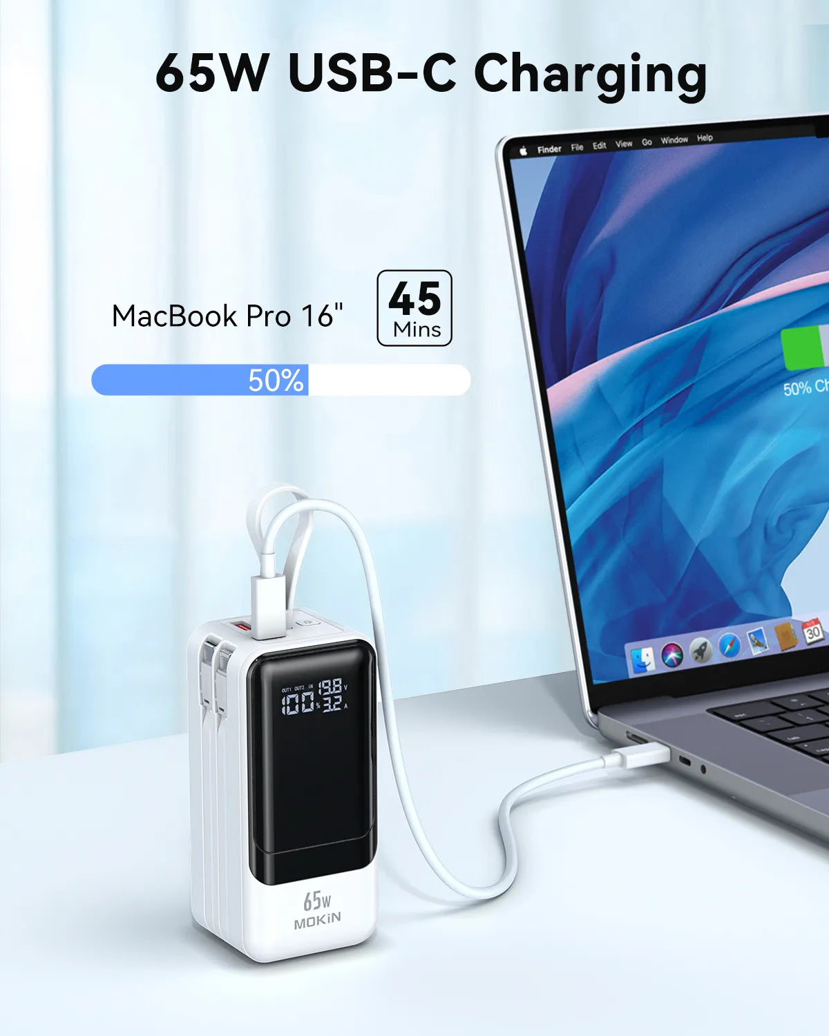 MOKiN Fast Charging Power Bank with USB-C & iOS Cables | 18400mAh 65W