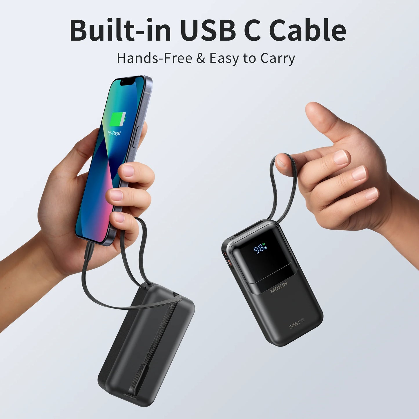 MOKiN 10,000mAh Portable Power Bank - Built-in USB-C & iOS Cables(30W)