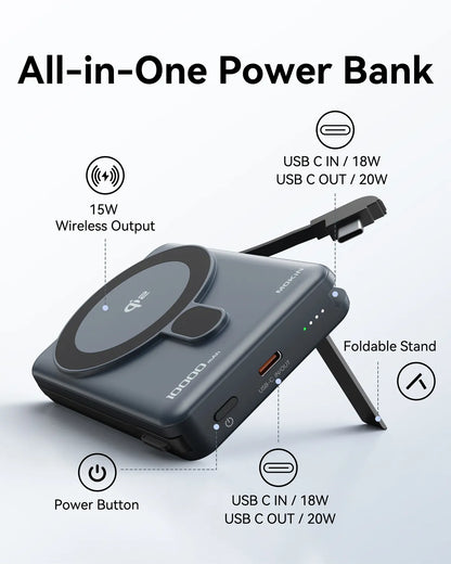 MOKiN 10000mAh Magnetic Power Bank with 15W Qi2 Wireless Charging, Built-in USB-C Cable for iPhone