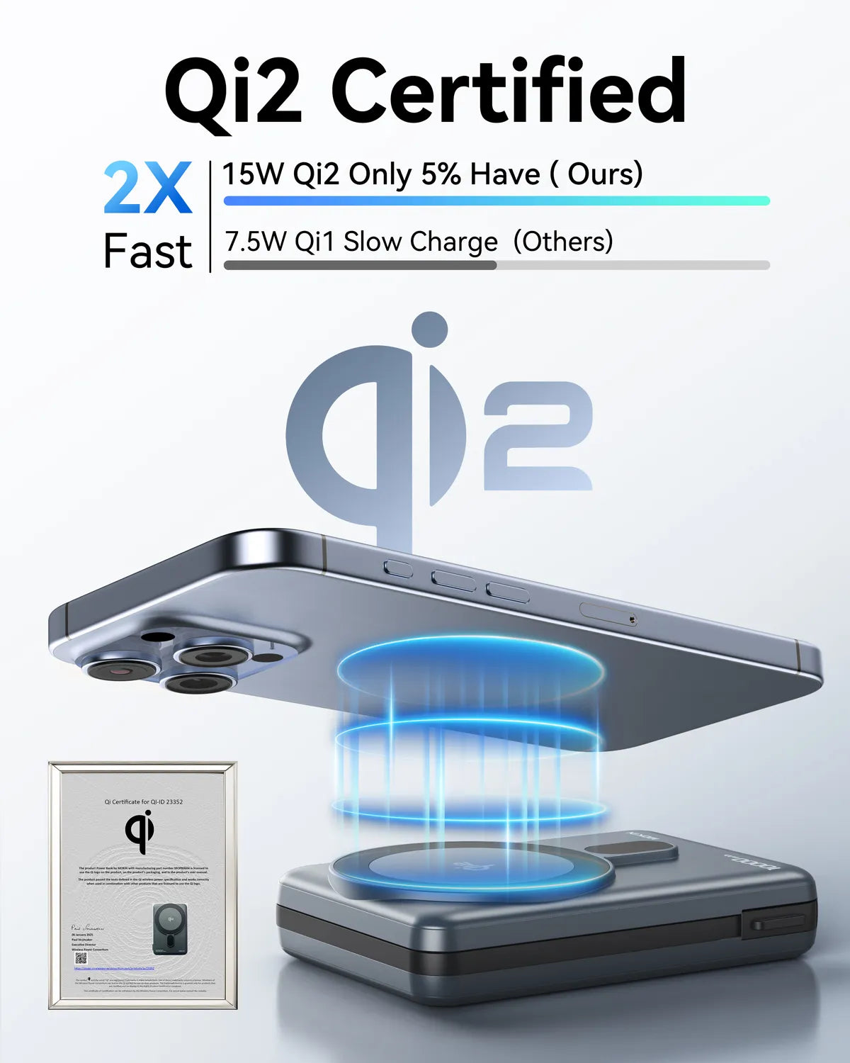 MOKiN 10000mAh Magnetic Power Bank with 15W Qi2 Wireless Charging, Built-in USB-C Cable for iPhone