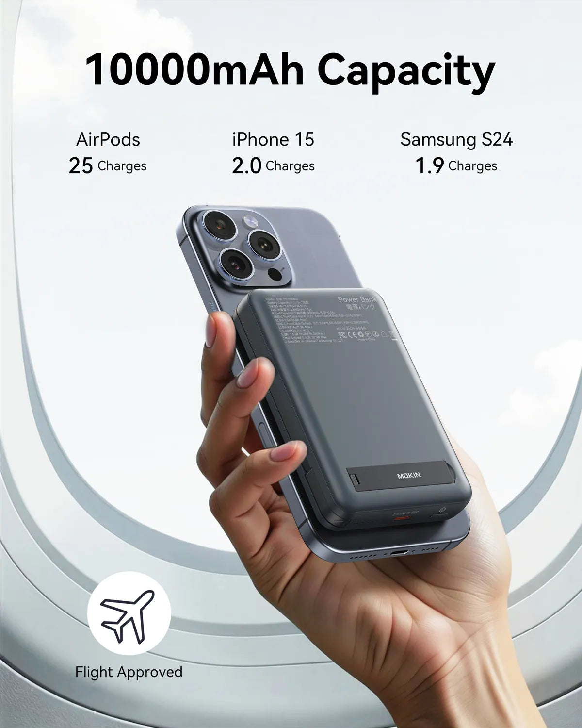 MOKiN 10000mAh Magnetic Power Bank with 15W Qi2 Wireless Charging, Built-in USB-C Cable for iPhone