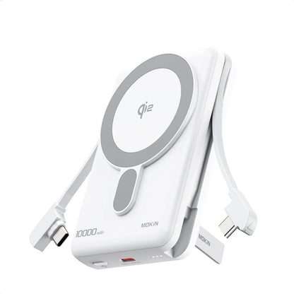 MOKiN 10000mAh Magnetic Power Bank with 15W Qi2 Wireless Charging, Built-in USB-C Cable for iPhone