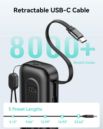 MOKiN 30W Portable Power Bank with 24 inch Retractable USB-C Cables(10000mAh)