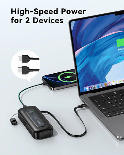 MOKiN 30W Portable Power Bank with 24 inch Retractable USB-C Cables(10000mAh)