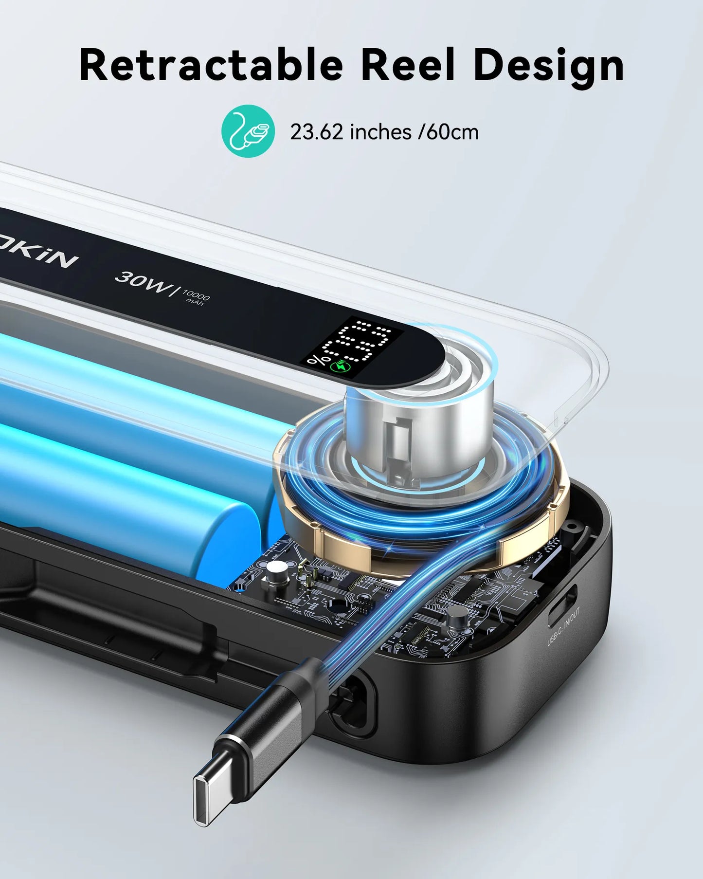 MOKiN 30W Portable Power Bank with 24 inch Retractable USB-C Cables(10000mAh)