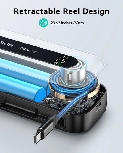 MOKiN 30W Portable Power Bank with 24 inch Retractable USB-C Cables(10000mAh)