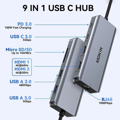 MOKiN 9 IN 1 USB-C Adapter with Dual HDMI & Ethernet Port