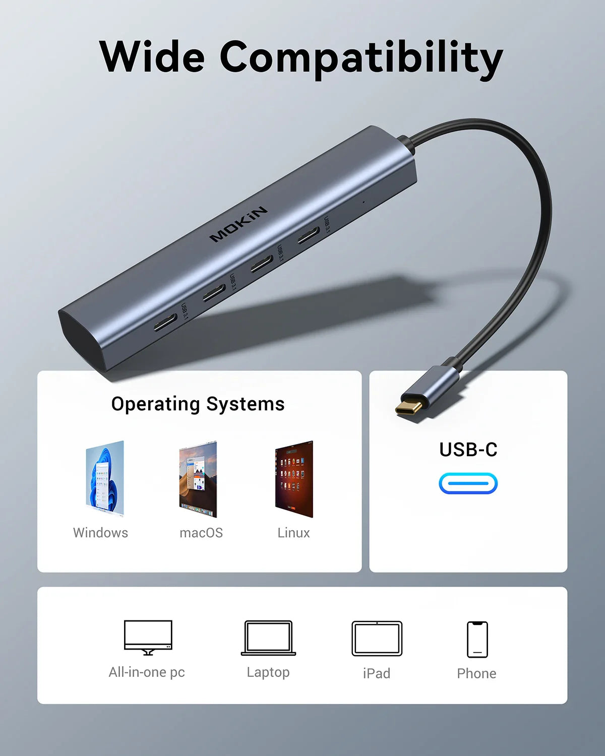 MOKiN USB-C Hub With 10Gbps 4 Ports For Laptop