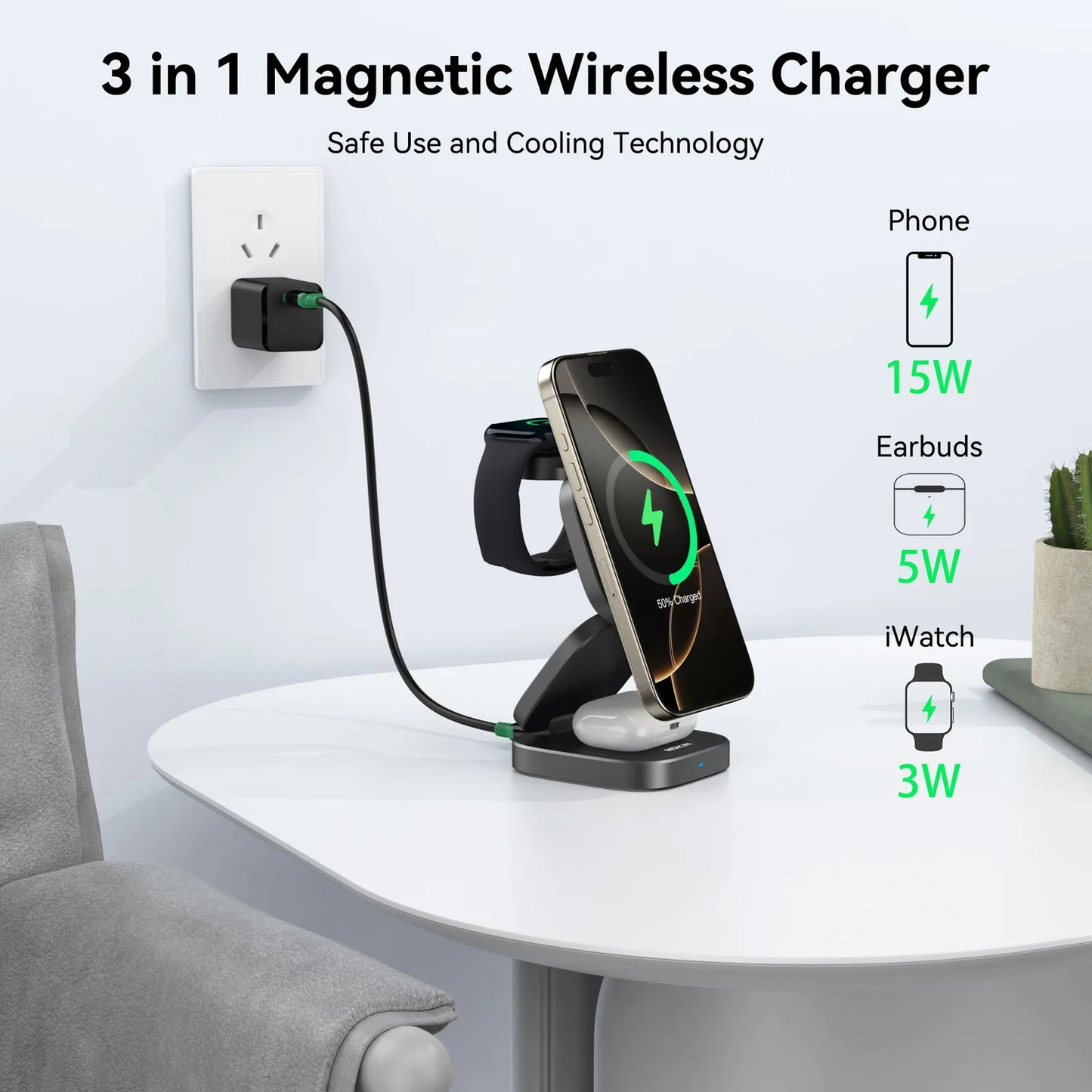 MOKiN Foldable 3-in-1 Qi2 Magnetic Wireless Charger for iPhone