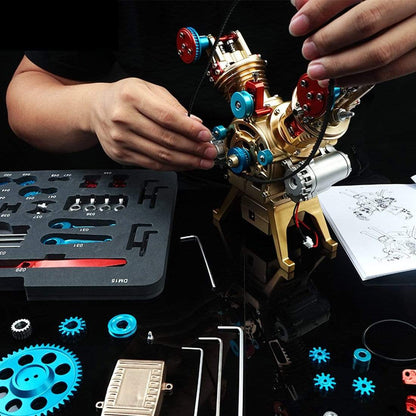 Modelo de motor de coche totalmente metálico, mini ensamblaje manual V2, juguete de doble cilindro, colección, decoración