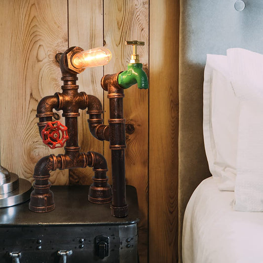 Lámpara de escritorio Steampunk de metal, lámpara de mesa estilo pipa de agua, lámpara de mesa vintage 