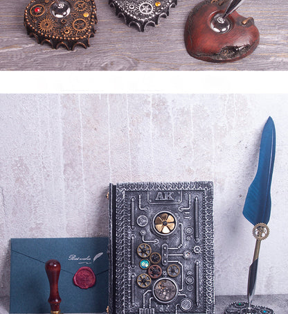 Cuaderno Steampunk de tapa dura, kit de pluma y sello DIY con caja de regalo
