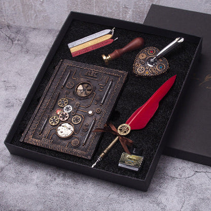 Cuaderno Steampunk de tapa dura, kit de pluma y sello DIY con caja de regalo