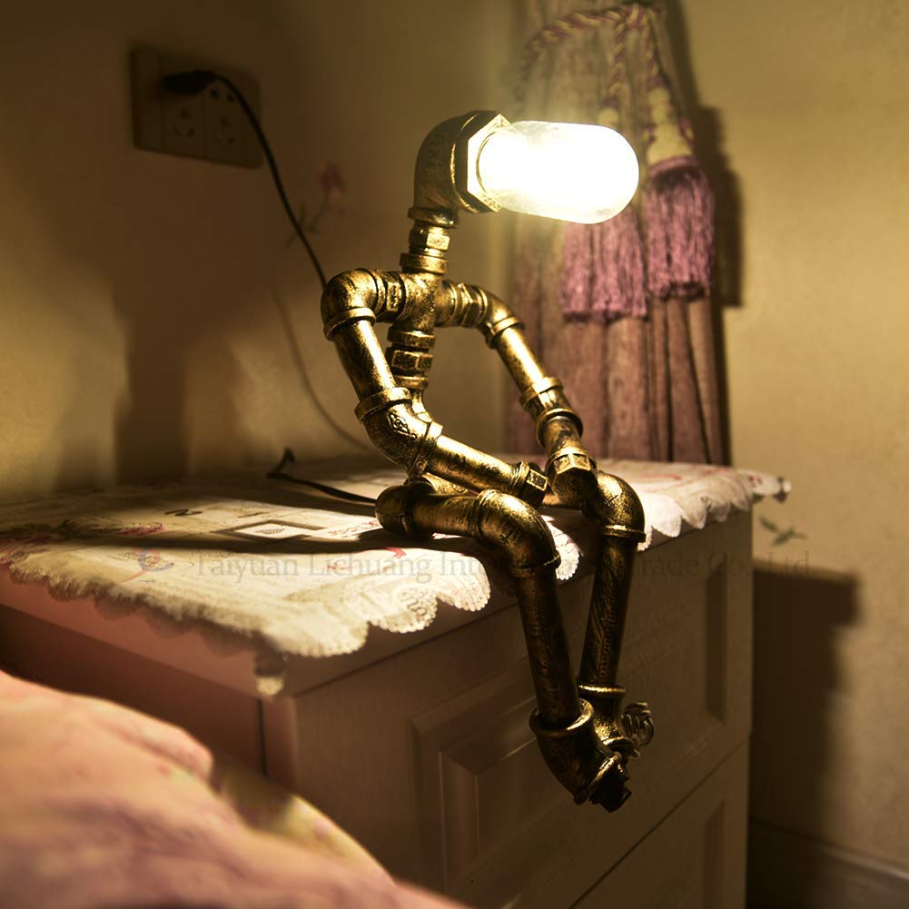 Lámparas retro Steampunk, lámpara de robot industrial, luces de tubería de agua, lámparas de escritorio con bombilla 